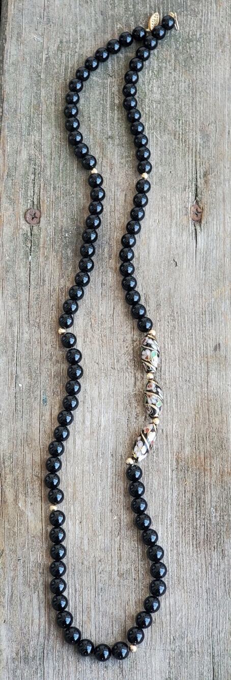 Vintage 14k Gold Bead Black Onyx & Cloisonne Bead Necklace 30 in.
